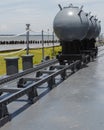 Naval mines on the deck of battleship in sunny day