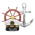 Naval Officer, Admiral, Navy Ship Captain Hat near Antique Vintage Brass Compass and Nautical Anchor. 3d Rendering