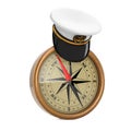 Naval Officer, Admiral, Navy Ship Captain Hat over Antique Vintage Brass Compass. 3d Rendering Royalty Free Stock Photo