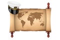 Naval Officer, Admiral, Navy Ship Captain Hat over Old Paper Scroll Parchment with World Map. 3d Rendering