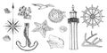 Naval set nautical symbols. Gulls, helm, steering wheel, anchor, light house, coral, shell, wind rose, swellfish, sea