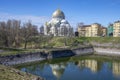 The Naval (St. Nicholas) Cathedral with a reflection in the Dock pool. Kronstadt, Russia