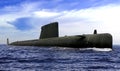 Naval submarine on open sea surface with cloudy blue sky