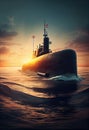 Naval submarine on the sea surface. Military submarine on the water