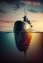 Naval submarine on the sea surface. Military submarine on the water
