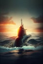 Naval submarine on the sea surface. Military submarine on the water