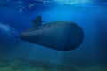 Naval submarine submerge underwater during a mission in open sea