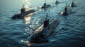 Naval submarines on the surface of the ocean. Nuclear-powered submarines Royalty Free Stock Photo