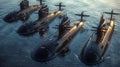 Naval submarines on the surface of the ocean. Nuclear-powered submarines Royalty Free Stock Photo