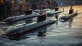 Naval submarines on the surface of the ocean. Nuclear-powered submarines Royalty Free Stock Photo