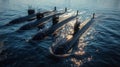 Naval submarines on the surface of the ocean. Nuclear-powered submarines Royalty Free Stock Photo