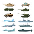 Naval vehicles, airplanes and different warships. Illustrations of artillery, battle tanks and submarine