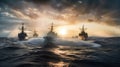 Naval warships. Uboats in a active combat zone. Battleships in the navy. Military at sea. Royalty Free Stock Photo