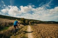 NAVARRE, SPAIN - OCTOBER 2022 pilgrim biker in French Way Camino Frances to Santiago de Compostela