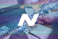 NavCoin, NAV cryptocurrency sign. Business person, trader, investor, analyst using mobile phone app analytics to analyze