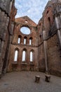 Nave of the ruined and abandoned Cistercian monastery San Galgano in the Tuscany