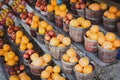 Navel orange, honeybell oranges, tomatoes, mangos carton boxes on shelves display roadside market stand in Santa Rosa, Destin, Royalty Free Stock Photo