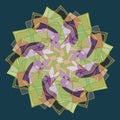 MANDALA FLOWER. PLAIN DEEP BLUE BACKGROUND.. CENTRAL LINEAR PATTERN IN BEIGE, PURPLE, GREEN. Royalty Free Stock Photo