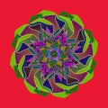 MANDALA ROSE. PLAIN RED BACKGROUND. CENTRAL FLOWER IN GREEN, PURPLE, ORANGE, BLUE