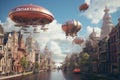 Navigate through a city where airships of