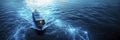 Navigating abstract sea with blue glowing grids