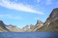 Navigating in the fjord of Reine in Lofoten Royalty Free Stock Photo