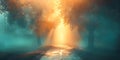 Navigating the Journey to Divine Grace through Heavenly Light in the Mist. Concept Spiritual