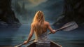 Back of woman kayaking through dark waters