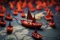 Navigating success Red leader boat steers paper fleet on global map, depicting effective leadership