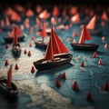 Navigating success Red leader boat steers paper fleet on global map, depicting effective leadership