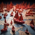 Navigating success Red leader boat steers paper fleet on global map, depicting effective leadership