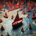 Navigating success Red leader boat steers paper fleet on global map, depicting effective leadership