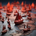 Navigating success Red leader boat steers paper fleet on global map, depicting effective leadership