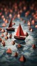 Navigating success Red leader boat steers paper fleet on global map, depicting effective leadership