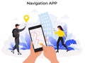 Navigation app. Mobile application with map route for food or package delivery service. Vector tracking technology Royalty Free Stock Photo