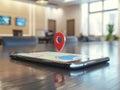 A navigation app on a smartphone, against the backdrop of a modern office, with a focus on travel and technology