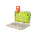 Navigation application on laptop computer screen. Map with GPS location mark displayed in portable PC monitor. Deliveri Royalty Free Stock Photo