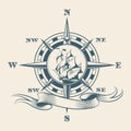 Navigation Compass with Sale Ship inside. Wind Rose Travel Ocean Expedition Symbol Tattoo