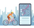 Navigation concept. Mobile city map navigation app. Cartoon character cyclist rides on online map vector illustration