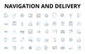 Navigation and delivery linear icons set. Routing, Dispatch, Shipment, Wayfinding, Tracking, Logistics, Movement vector