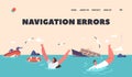 Navigation Errors Landing Page Template. Sea Accident, Shipwreck Catastrophe. Shocked People Waving Hands, Surviving