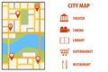 Navigation european city map with pins. Vector city map with color pin pointers. City map with red markers. Royalty Free Stock Photo