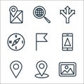 Navigation line icons. linear set. quality vector line set such as photo, location, location pin, gps phone, flag, compass, Royalty Free Stock Photo