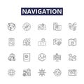 Navigation line vector icons and signs. Guiding, Steering, Course, Charting, Mapping, Piloting, Planning, Sailing