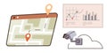 Navigation Map, Analytics Dashboard, and Security Camera for Advanced Monitoring and Tracking Royalty Free Stock Photo