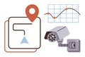 Navigation Path, Security Camera, and Graph Representing Data Monitoring and Trend Analysis Royalty Free Stock Photo