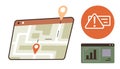 Navigation Map with Location Pins, Alert Notification, and Data Dashboard Interface Royalty Free Stock Photo