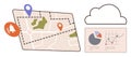 Navigation Map with Location Pins, Cloud Data Storage, and Analytical Dashboard Royalty Free Stock Photo