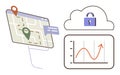 Navigation Map with Location Pins, Cloud Security Lock, and Data Analytics Chart Royalty Free Stock Photo