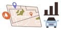 Navigation Map with Route Pins, Car, and Data Insights Chart for Driving and Trip Analytics Royalty Free Stock Photo